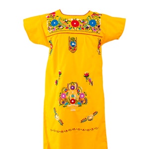 Women's Traditional Mexican Dress Embroidered FIESTA Style - YELLOW - Dresses All Sizes Unique Embroidery Short Sleeve Maxi Dress