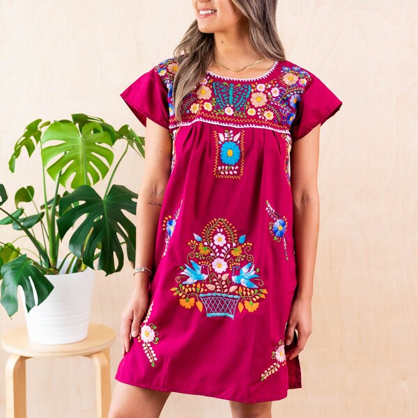 Mini Short Mexican Dress Handmade Bluson Style Burgundy Embroidered Knee Length Fiesta Festive Wedding