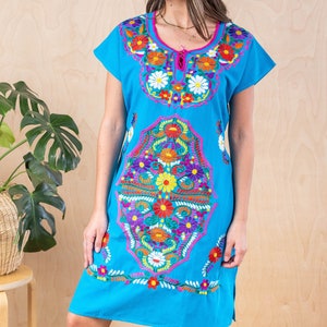 Mexican Dress Knee-Length KIMONO Style Women's Embroidered Dress TURQUOISE