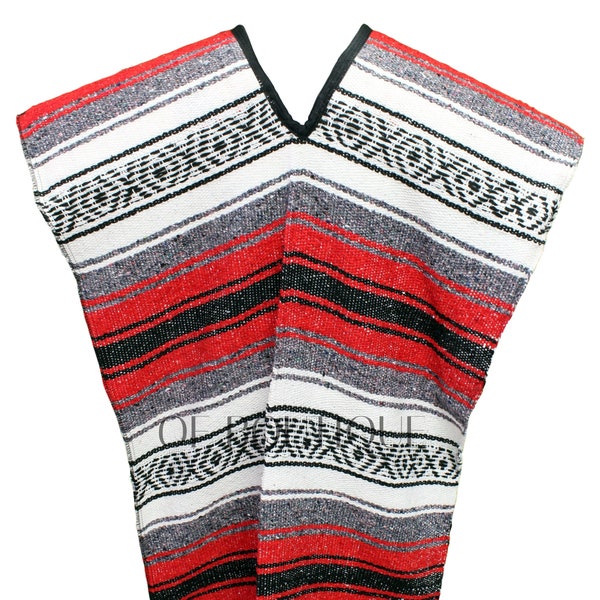 MEXICAN PONCHO Boho Pattern - RED Combo Handmade Soft Baja Serape Sarape Style Unisex One Size Fits Most