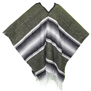 May include: A green and white striped Mexican poncho with fringe. The poncho is made of a soft, woven fabric.
