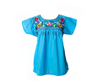 Mexican Blouse Traditional Embroidered - Turquoise All Sizes Plus Sizes Puebla