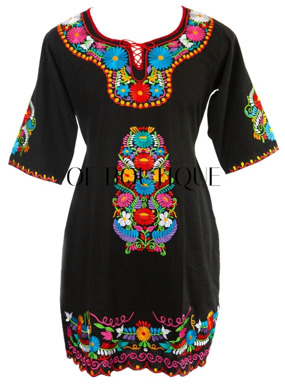 black mexican dress with flowers