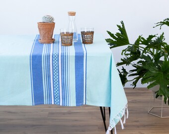 Handmade Mexican Tablecloth Rectangle Table Linen - Light Mint/Blue Boho Home Decor Mexican Style Decor