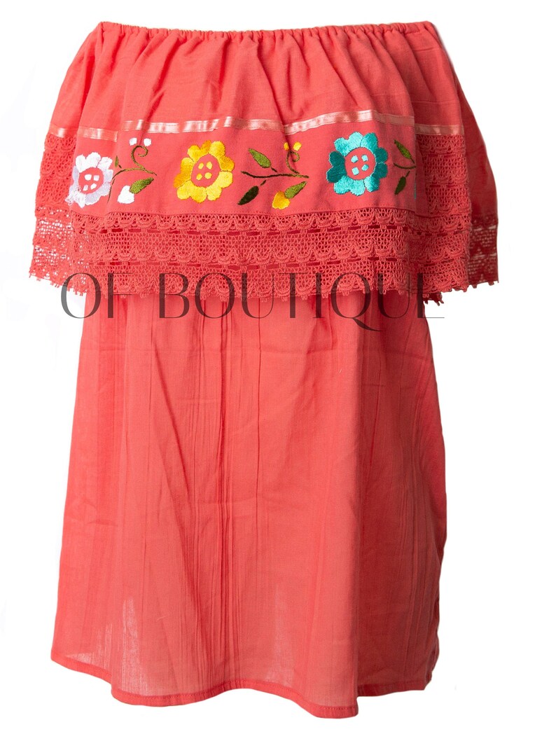 Women/'s CROCHET Mexican Blouse FIESTA Style Blouses One Size Fits All Embroidery Off Shoulder Embroidered Sheer Top CORAL