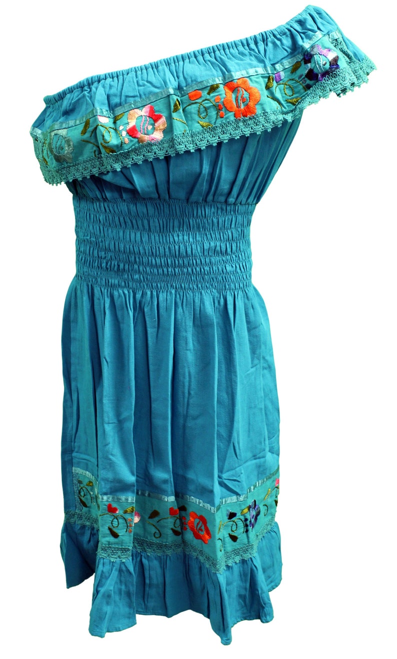 Teal Mexican Dress ONE SHOULDER Off Shoulder Embroidered One Size Fits S through XL