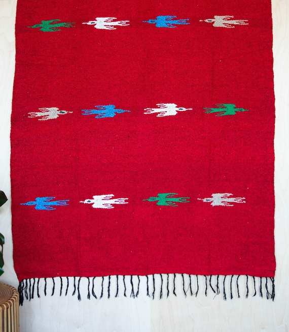 HEAVYWEIGHT Thick Mexican Blanket PAJARO RED Handmade Authentic Soft Yoga Pilates