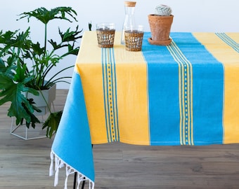 Handmade Mexican Tablecloth Rectangle Table Linen - Blue & Yellow Boho Home Decor Mexican Style Decor