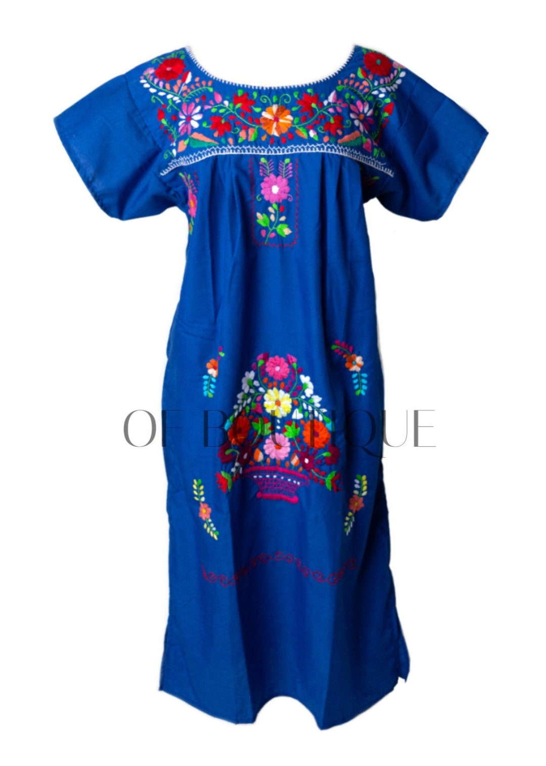 Women's Traditional Mexican Dress Embroidered FIESTA Style ROYAL BLUE ...