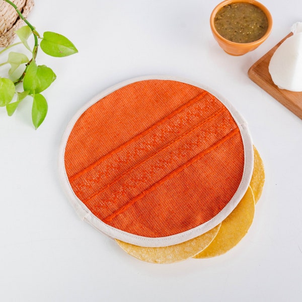 HANDCRAFTED Mexican Fabric Cloth Tortilla Warmer Oaxacan ORANGE Home Decor Fiesta Dining Tortillero Pouch