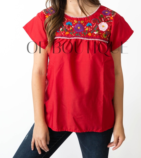 Mexican Blouse Traditional Embroidered Red All Sizes Plus Sizes Puebla -   Canada