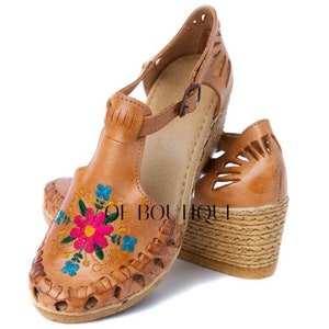 WEDGE HUARACHE SANDALS Flor Chedron Handmade Leather Mexican Sandal with Adjutable Buckle