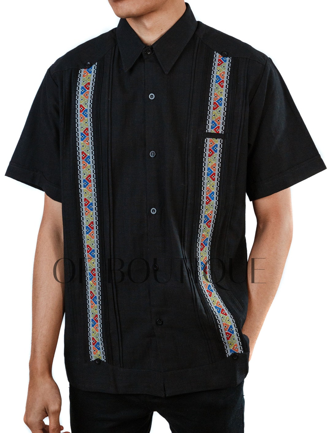 Men's Guayabera ALEGRE Style Shirt Black Men MEXICAN Fiesta Shirt Festive Embroidery Panel Design Kleding Herenkleding Overhemden & T-shirts Overhemden 