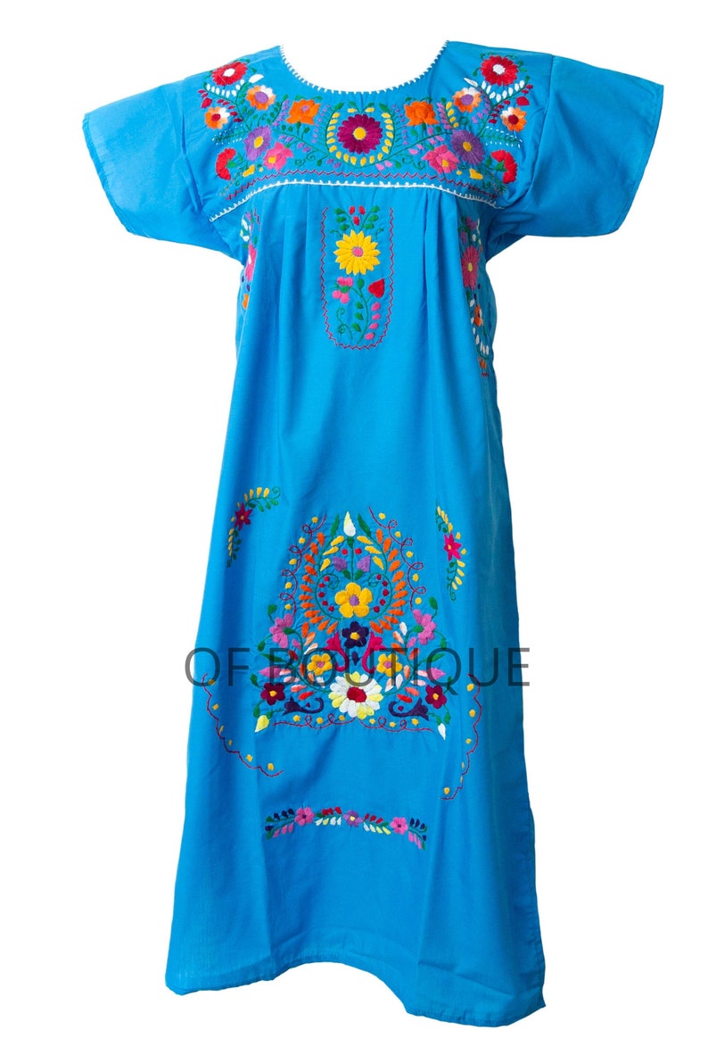 Authentic Mexican Dress Embroidered TURQUOISE Floral Tradtional Oaxacan ...