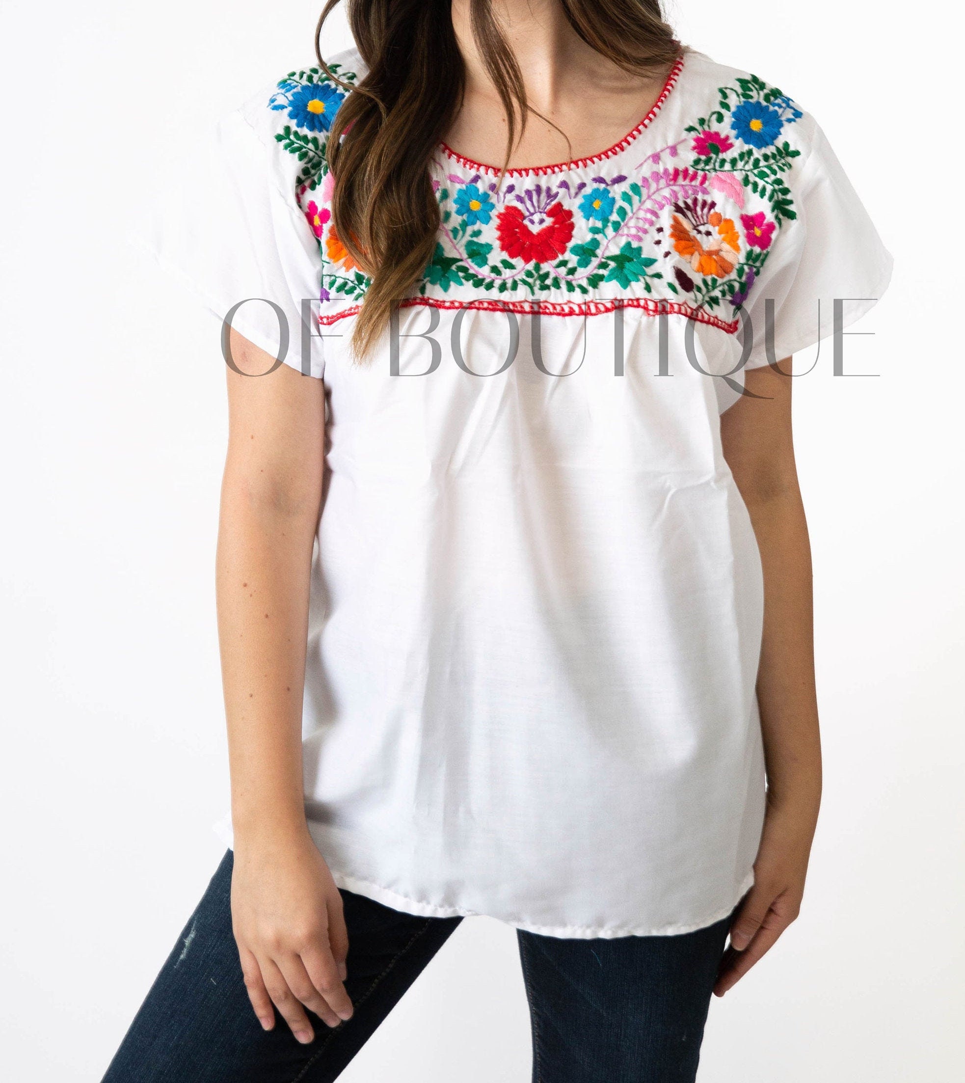 Mexican Blouse Traditional Embroidered White All Sizes Plus Sizes