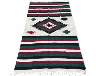 Heavy Duty Authentic Mexican Blanket - DIAMANTE Design Creme Burgundy Green