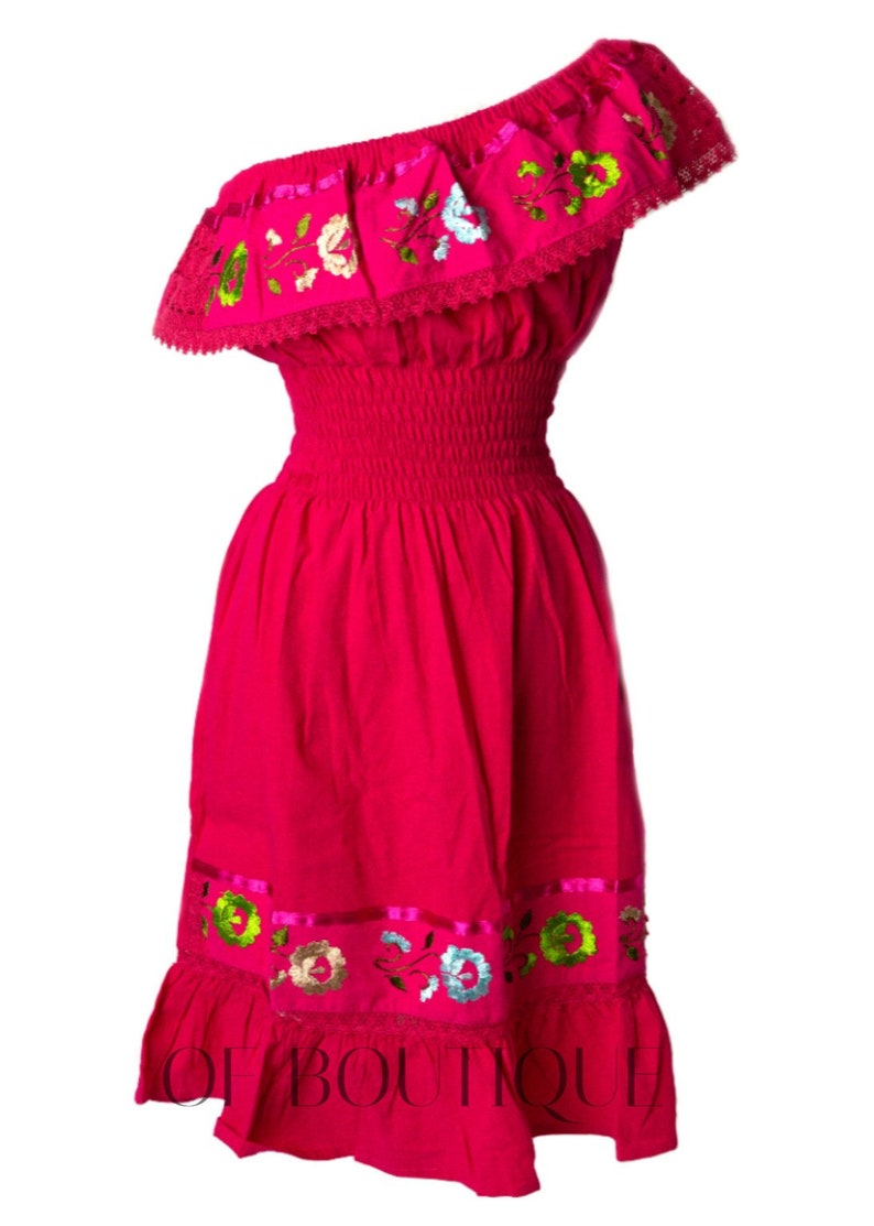 Fuchsia Dresses One Size Fits Small thru Large Embroidery Maxi Dress Women/'s ONE SHOULDER Style Mexican Dress Embroidered