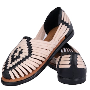 Black Leather Huarache Sandals: Diamante Style, Handmade Mexican Footwear