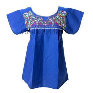 Mexican Blouse Traditional Embroidered Royal Blue All Sizes Plus Sizes Puebla