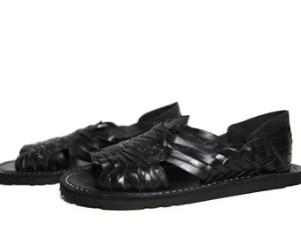 Men's Black Leather Huarache Sandals - Handwoven Mexican Style