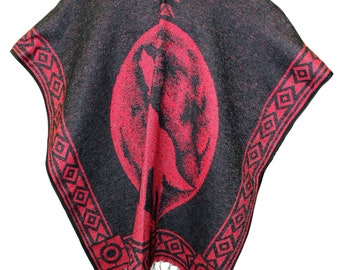 May include: Black and red poncho with a geometric pattern and a large red design in the center. The poncho has fringe along the bottom edge.
