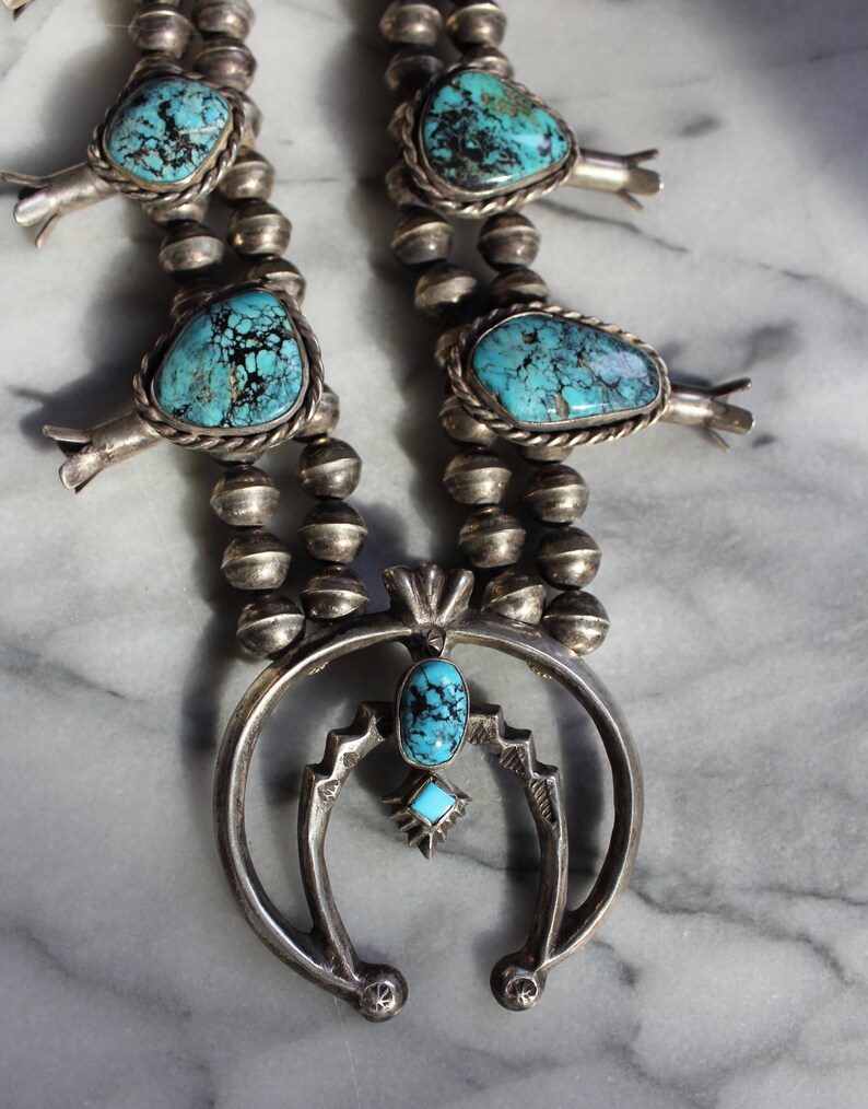 Vintage Bisbee Turquoise Squash Blossom Style Necklace Etsy