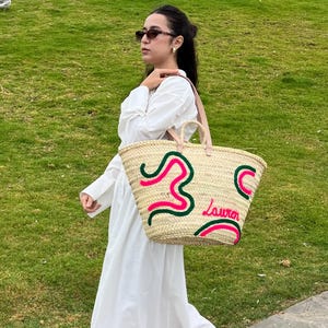 Gratis leren handvatten - chique Marokkaanse strooien markttas - leren handvatten strandtas voor elke dag & huwelijkscadeau