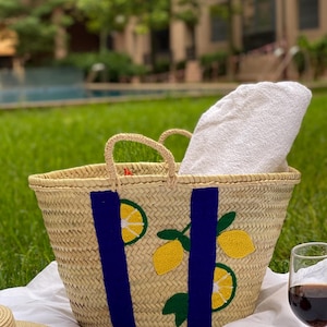 Lemon Basket- Handwoven Straw Basket with Lemon Embroidery-Beach Basket