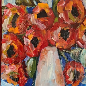 Red poppies Oil painting Cardboard Original Art 11.8 x7.8 inches