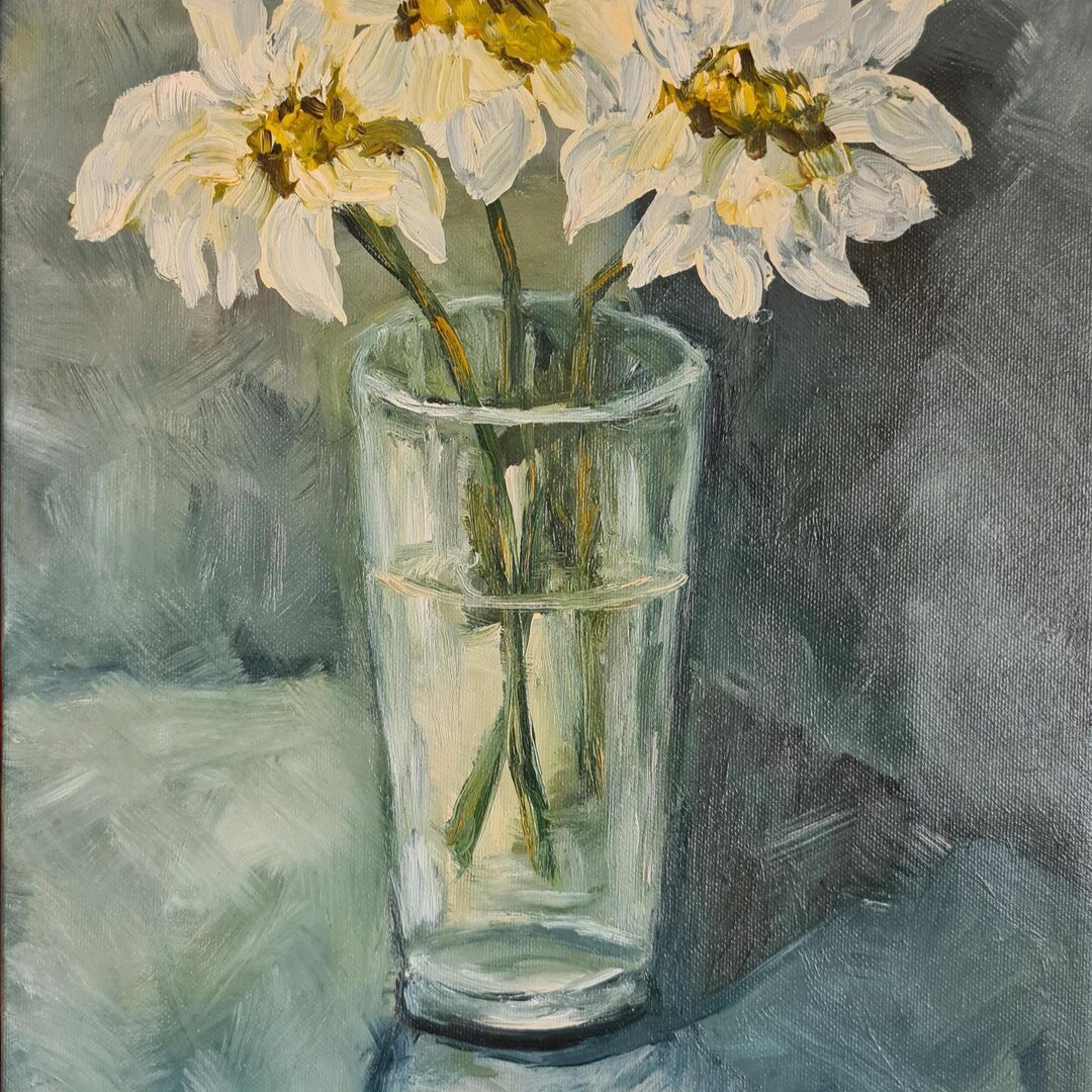 White Flowers in a Glass Vase Oil Painting Canvas Stretcher Original ...