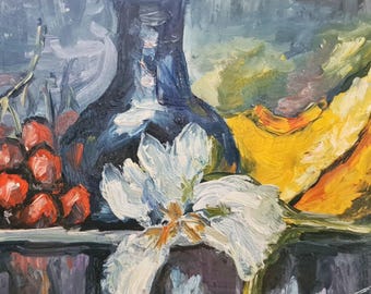 Still Life with Iris Oil Painting Cardboard Original Painting 7.8x9.8 inches