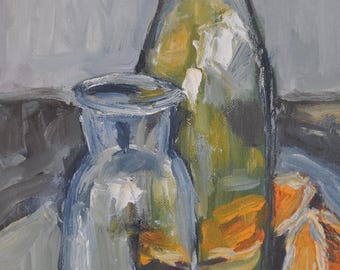 Still life bottles and orange oil painting canvas stretcher kitchen decoration 15.7х 11.8 inches