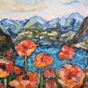 Paisagem com papoulas vermelhas Pintura a óleo Papelão 7,8x11,8 polegadas