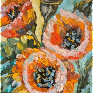 Amapolas, pintura al óleo, cartón, floral, arte original, 11,8 x 7,8 pulgadas