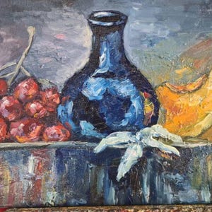 Still life with blue vase Oil painting Canvas stretcher Original painting Striking still life 11.8x19.6 inches