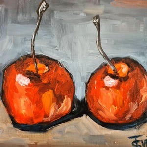 Dos cerezas Pintura al óleo Cartón Arte original 7,8 x 11,8 pulgadas
