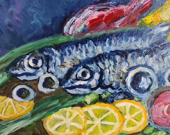 Fish Still Life Oil Canvas Original Painting Kitchen Wall Decoration 11.8 by 15.7 inches