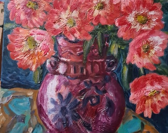 Red flowers in a red vase, oil painting on canvas, canvas on a stretcher, 15.7x11.8