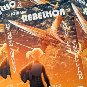 May include: A vintage-style poster with a yellow, orange, and red sunset background. The poster features a white spaceship flying through the sky with a female pilot standing in front of it. The poster reads "Join the Rebellion" and "Pilots Needed".