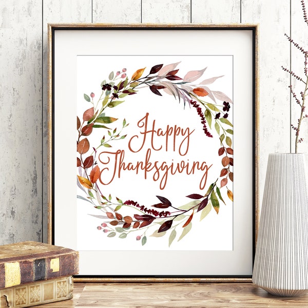 HAPPY THANKSGIVING Printable, Thanksgiving digital download for Autumn Decoration and Fall Table Decor, watercolor autumn wreath