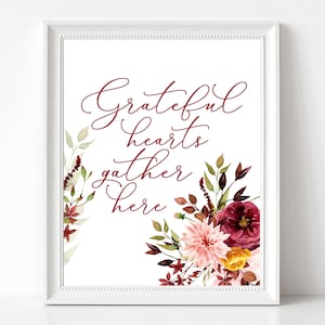 Dankbare Herzen sammeln hier AUTUMN PRINTABLE, Thanksgiving digitaler Download für Herbst Tisch Dekor und Herbst Dekoration, Aquarell Blumen