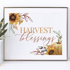 HARVEST BLESSINGS imprimible, Signo de Acción de Gracias para decoración de mesa de otoño, cartel de otoño con acuarela de girasol, arte de pared de calabaza