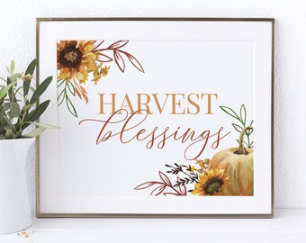 HARVEST BLESSINGS printable, Thanksgiving Sign for Fall Table Decor, Autumn poster with sunflower watercolor, Pumpkin wall art