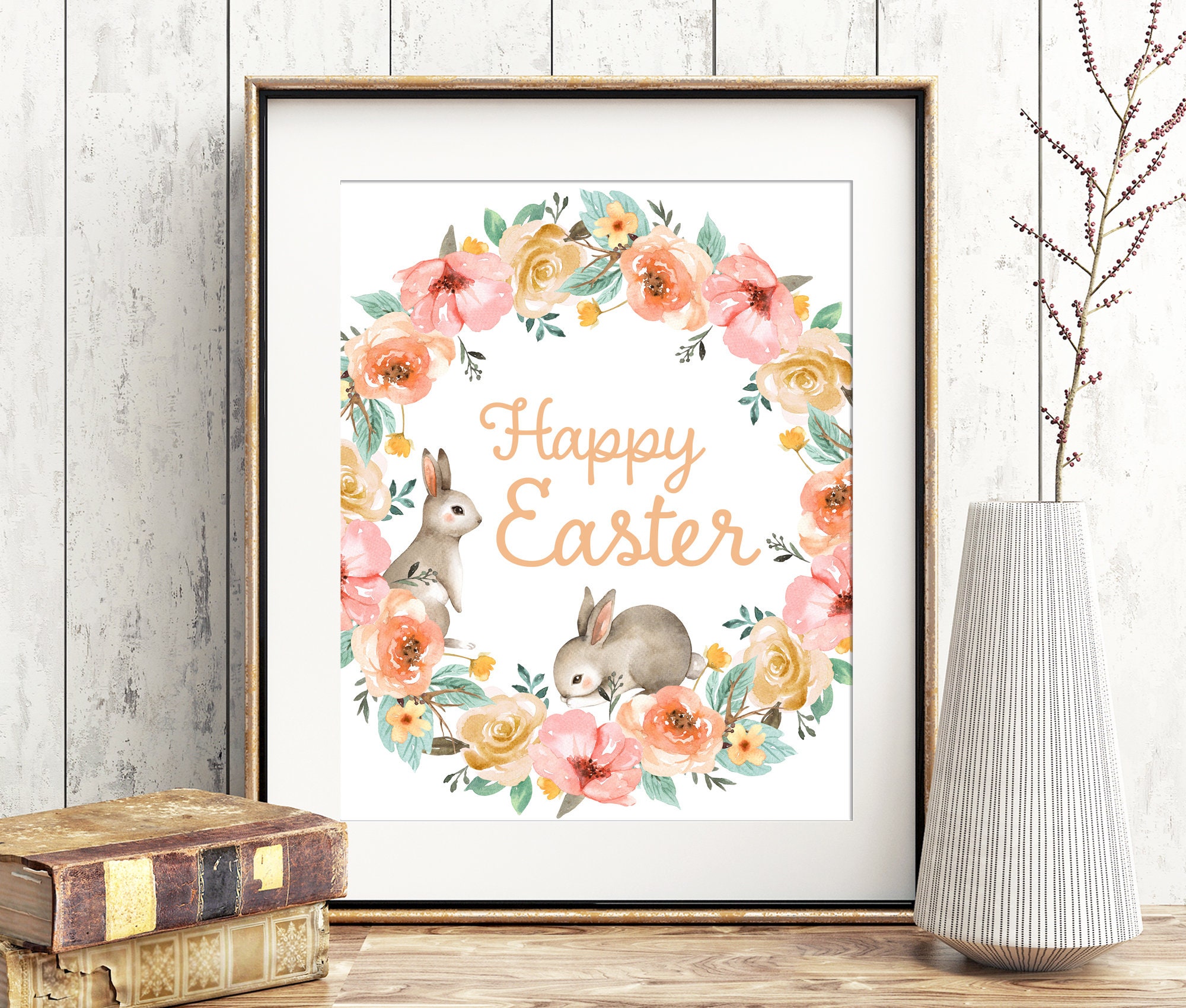 HAPPY EASTER Printable Spring Wreath Wall Art and Easter - Etsy New Zealand