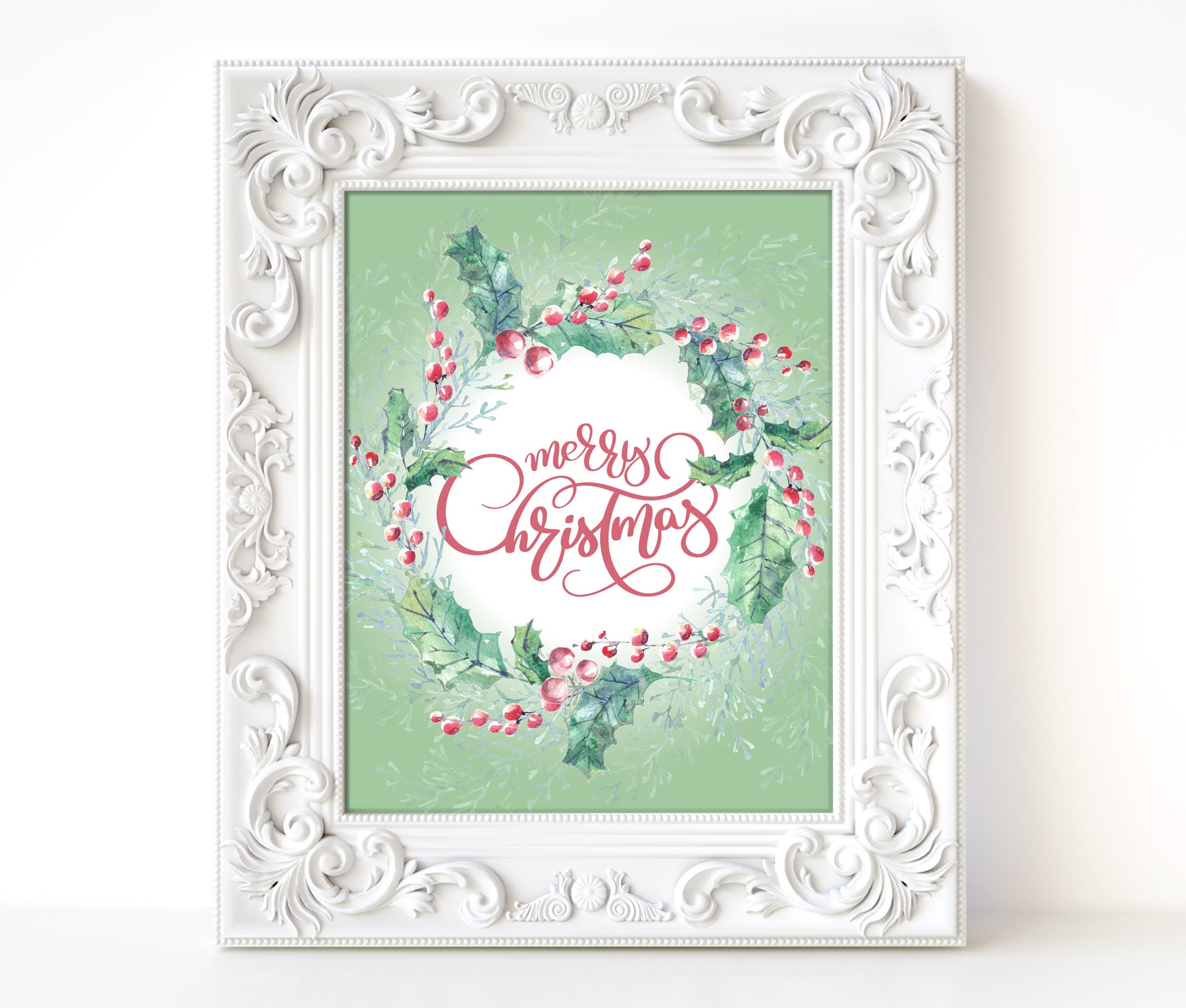 MERRY CHRISTMAS Printable Artwork With Watercolor Holly Wreath
