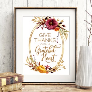 Danke mit einem dankbaren Herz druckbare, Thanksgiving digitaler Download, Herbst Tisch Dekor und Herbst Dekoration mit Aquarell Blumen
