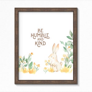 Be Humble And Kind, Woodland Nursery Wall Art with watercolor rabbit, Kids Room Decor, Digital Print and Instant Download, 8x10 and 11x14