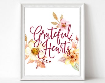 Grateful Hearts AUTUMN PRINTABLE, Thanksgiving digital download for Fall Table Decor and Autumn decoration with watercolor flowers