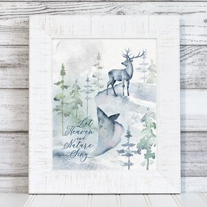 Let Heaven And Nature Sing DIGITAL PRINT, Christmas Quote Printable for Holiday Table Decor and Winter Wall Art with watercolor deer