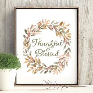 THANKFUL & BLESSED Herbst Digitaldruck, Herbst Dekoration und Herbst Tisch Dekor mit Aquarell Blatt Kranz, Herbst bedruckbar